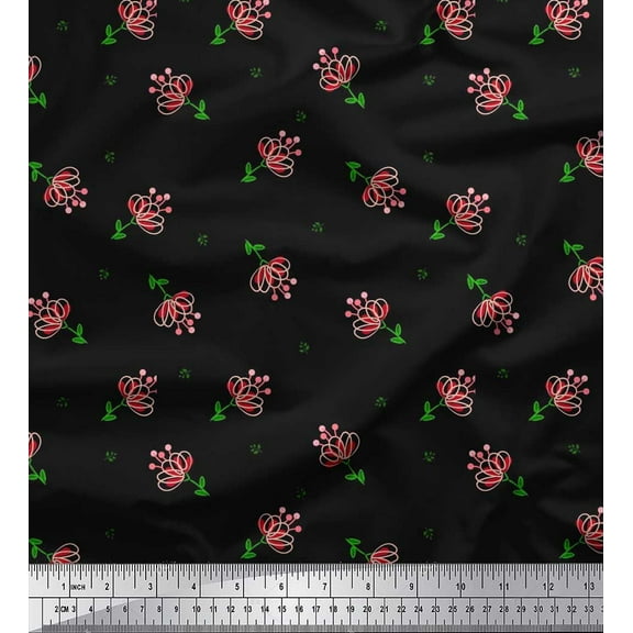 Soimoi Black Cotton Duck Fabric Leaves & Floral Artistic Printed Fabric 1 Yard 42 Inch Wide
