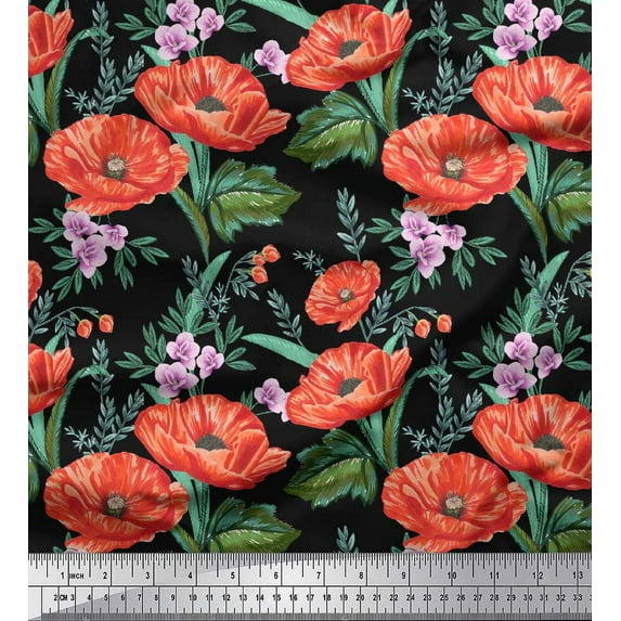Soimoi Black Cotton Duck Fabric Leaves & Floral Print Fabric by the Yard 56 Inch Wide