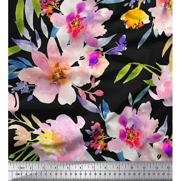 Soimoi Black Cotton Duck Fabric Leaves & Floral Printed Craft Fabric by The Yard 42 Inch Wide