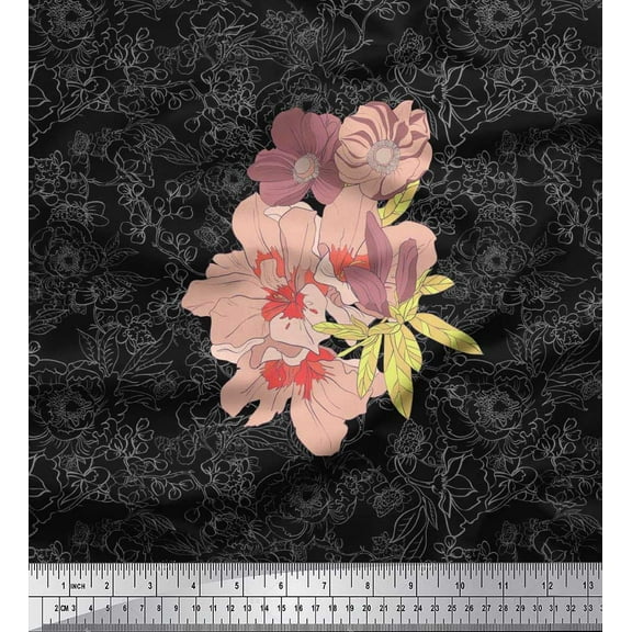 Soimoi Black Cotton Duck Fabric Leaves & Floral Printed Fabric 1 Yard 42 Inch Wide
