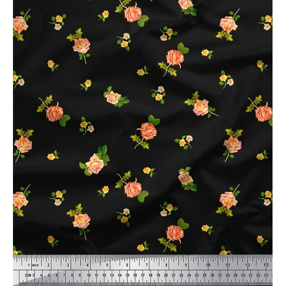 Soimoi Black Cotton Duck Fabric Leaves & Grandiflora Roses Floral Print Fabric by the Yard 42 Inch Wide