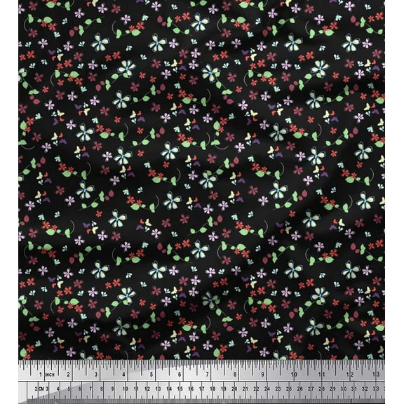 Soimoi Black Cotton Duck Fabric Leaves,Insect & Floral Artistic Print Fabric by The Yard 42 Inch Wide
