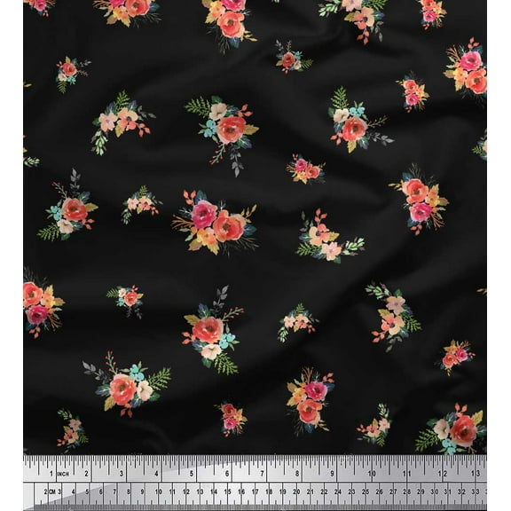 Soimoi Black Cotton Duck Fabric Leaves & Peony Floral Print Fabric by the Yard 42 Inch Wide