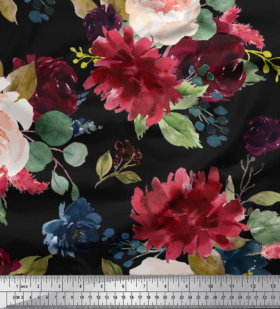 Soimoi Black Poly Georgette Fabric By Yard | Rose & Peony Floral Print | 42 Inch Wide Craft Textile