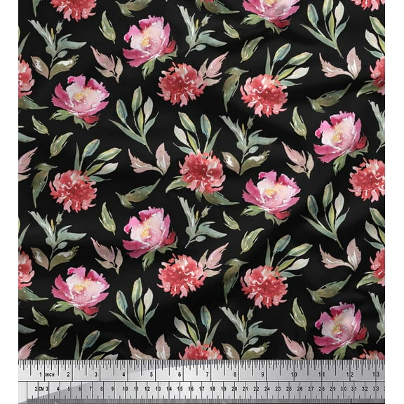 Soimoi Black Cotton Duck Fabric Leaves & Peony Floral Print Fabric by the Yard 42 Inch Wide