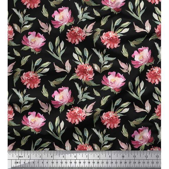Soimoi Black Cotton Duck Fabric Leaves & Peony Floral Print Fabric by the Yard 42 Inch Wide