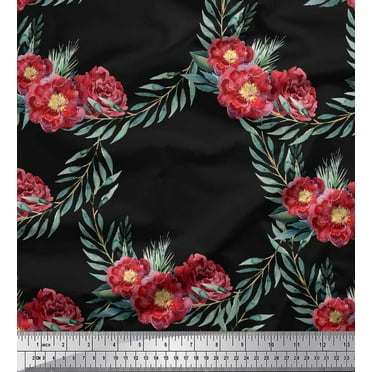 Soimoi Black Cotton Duck Fabric Leaves & Peony Floral Print Sewing Fabric Yard 44 Inch Wide