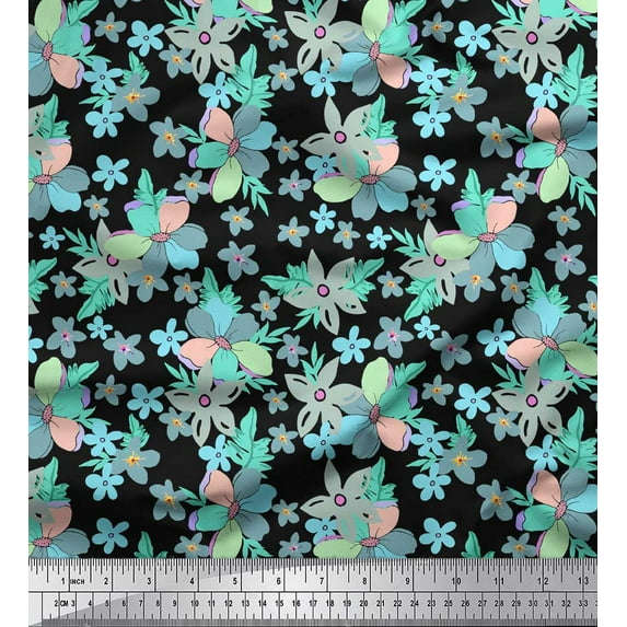 Soimoi Black Cotton Duck Fabric Leaves & Periwinkle Floral Print Sewing Fabric Yard 42 Inch Wide