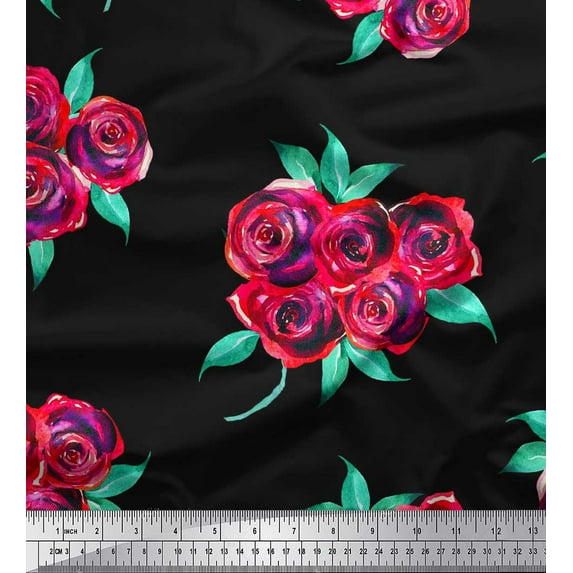 Soimoi Black Cotton Duck Fabric Leaves & Rose Floral Fabric Prints By Yard 42 Inch Wide