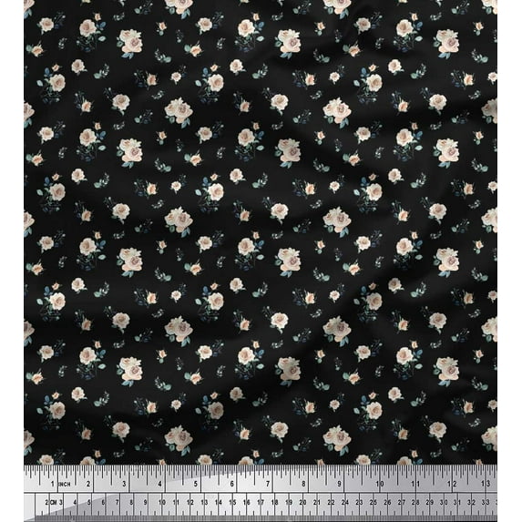 Soimoi Black Cotton Duck Fabric Leaves & Rose Floral Printed Craft Fabric by the Yard 44 Inch Wide