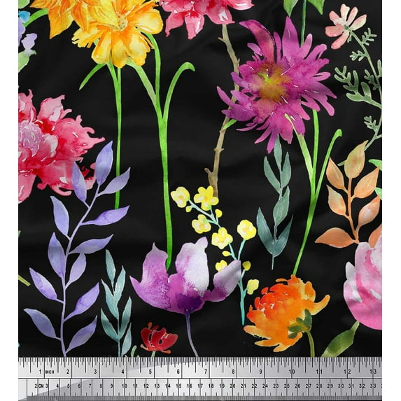Soimoi Black Cotton Duck Fabric Leaves & Wildflower Flower Printed Fabric 1 Yard 42 Inch Wide