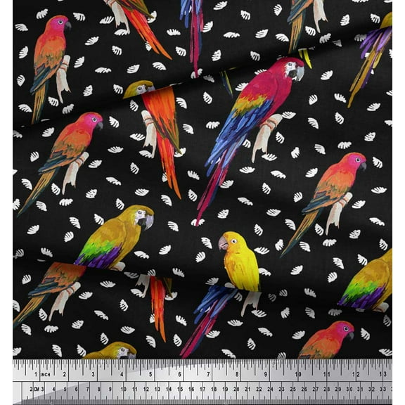 Soimoi Black Cotton Duck Fabric Macaw Parrot Bird Decor Fabric Printed Yard 44 Inch Wide