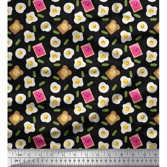 Soimoi Black Cotton Duck Fabric Omlet & Bread Slice Food Print Fabric by Yard 42 Inch Wide