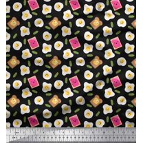 Soimoi Black Cotton Duck Fabric Omlet & Bread Slice Food Print Fabric by Yard 42 Inch Wide