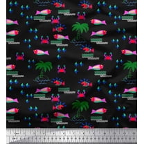 Soimoi Black Cotton Duck Fabric Palm Tree,Crab & Fish Ocean Printed Fabric 1 Yard 42 Inch Wide