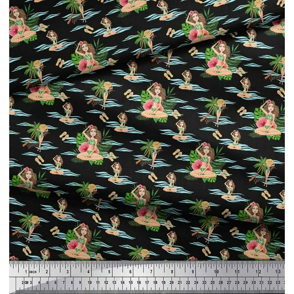 Soimoi Black Cotton Duck Fabric Palm Tree & Girl Beach Fabric Prints By Yard 42 Inch Wide