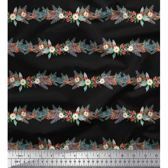 Soimoi Black Cotton Duck Fabric Pine Leaves & Floral Stripe Print Fabric by Yard 42 Inch Wide