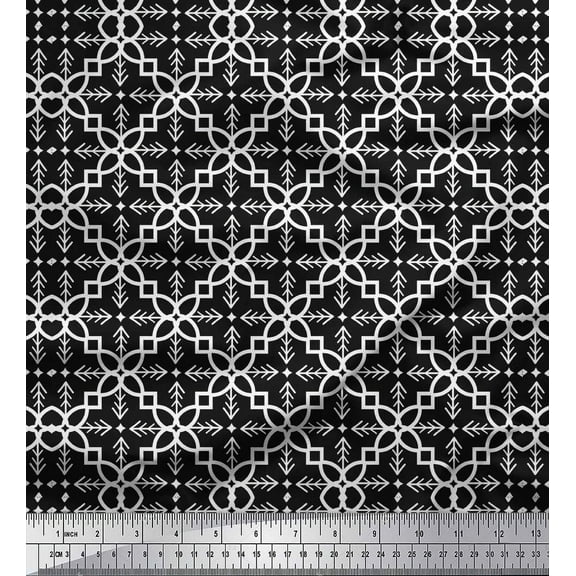 Soimoi Black Cotton Duck Fabric Quaterfoil Damask Print Sewing Fabric Yard 42 Inch Wide