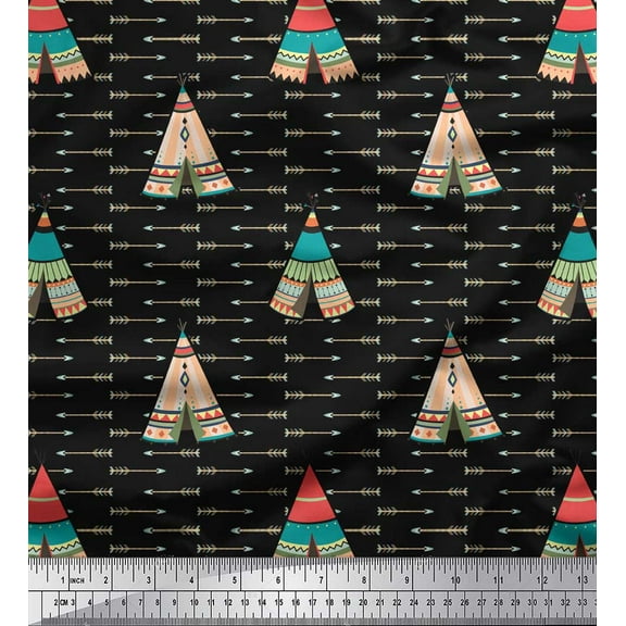Soimoi Black Cotton Duck Fabric Tent & Arrow Tribal Print Sewing Fabric Yard 42 Inch Wide