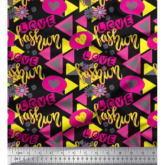 Soimoi Black Cotton Duck Fabric Text,Heart & Triangle Geometric Fabric Prints By Yard 42 Inch Wide