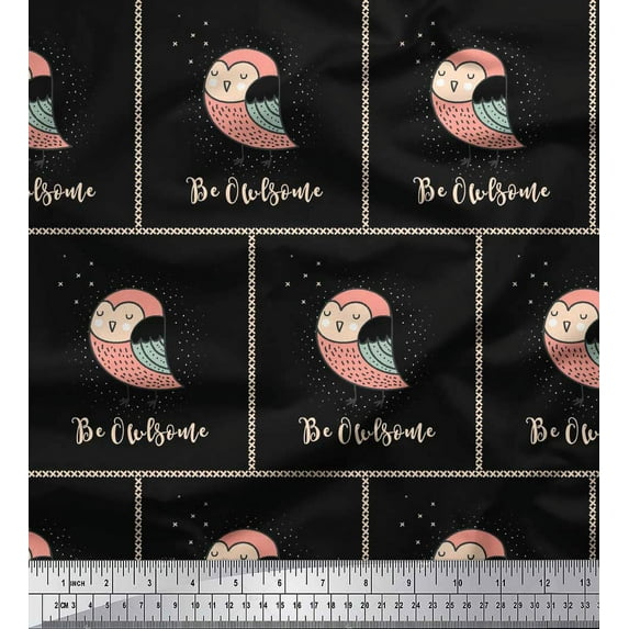 Soimoi Black Cotton Duck Fabric Text & Owl Bird Print Fabric by the Yard 42 Inch Wide