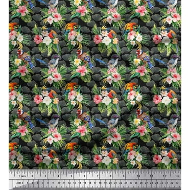 Soimoi Black Cotton Duck Fabric Tropical Leaves & European Goldfinch Bird Print Sewing Fabric BTY 42 Inch Wide