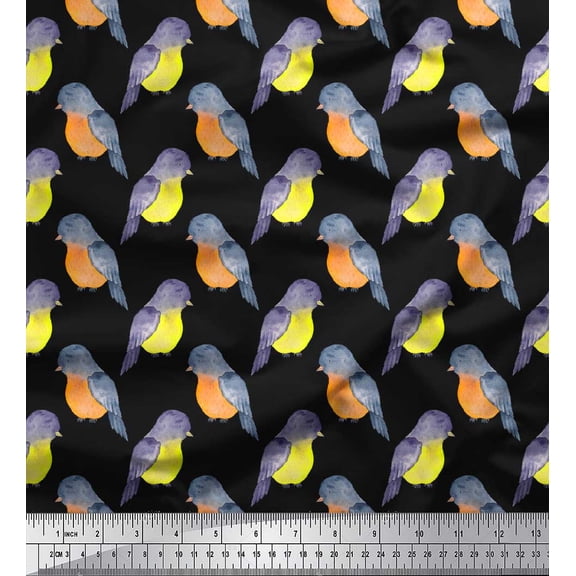 Soimoi Black Cotton Poplin Fabric American Robin Bird Print Sewing Fabric BTY 56 Inch Wide