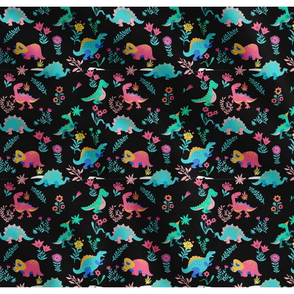 Soimoi Black Cotton Poplin Fabric Aster Flower & Dinosaur Kids Decor Fabric Printed Yard 42 Inch Wide