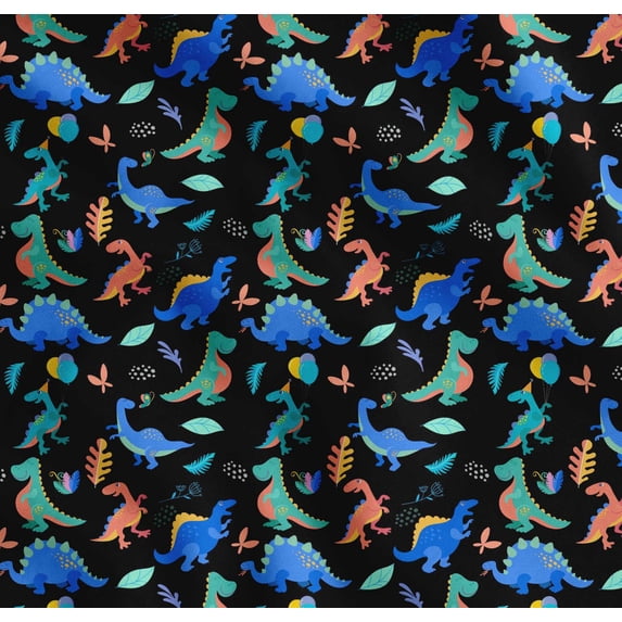 Soimoi Black Cotton Poplin Fabric Balloon & Dinosaur Kids Decor Fabric Printed Yard 56 Inch Wide