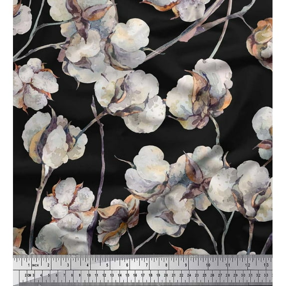 Soimoi Black Cotton Poplin Fabric Cotton Ball Floral Print Fabric by Yard 42 Inch Wide