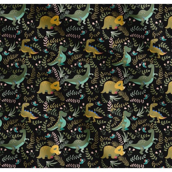 Soimoi Black Cotton Poplin Fabric Dinosaur & Leaves Print Sewing Fabric Yard 42 Inch Wide