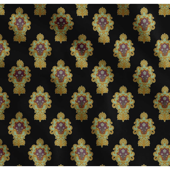 Soimoi Black Cotton Poplin Fabric Floral Damask Printed Fabric 1 Yard 56 Inch Wide