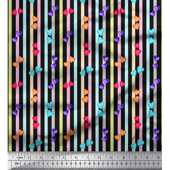 Soimoi Black Cotton Poplin Fabric Heart Stripe Decor Fabric Printed Yard 42 Inch Wide