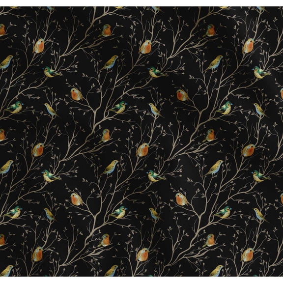 Soimoi Black Cotton Poplin Fabric Leaves & Flowerpecker Bird Print Fabric by the Yard 42 Inch Wide