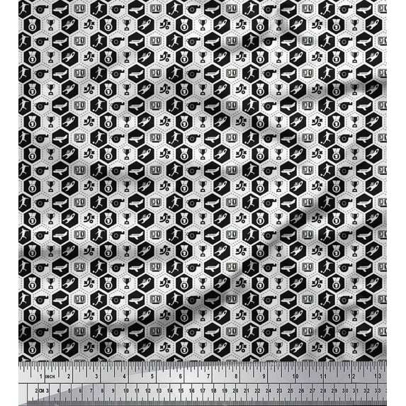 Soimoi Black Cotton Voile Fabric Airplane,Trophy & Geometric Symbol Fabric Prints By Yard 56 Inch Wide