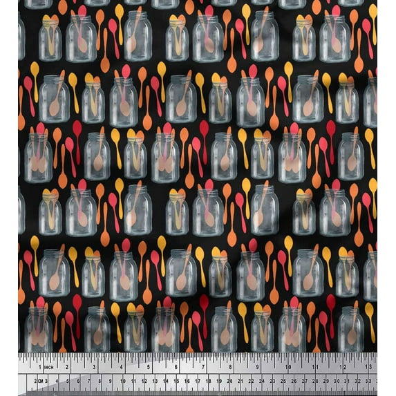 Soimoi Black Cotton Voile Fabric Bottle Vase & Spoon Kitchen Print Fabric by the Yard 42 Inch Wide