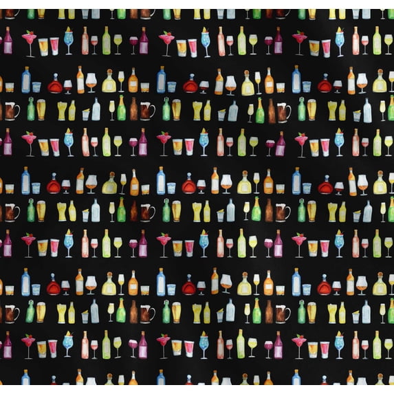 Soimoi Black Cotton Voile Fabric Bottle & Wine Glass Bar Print Fabric by the Yard 42 Inch Wide