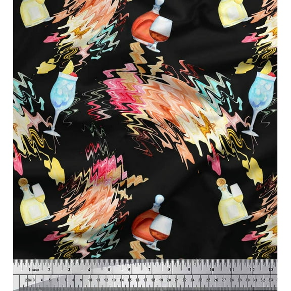 Soimoi Black Cotton Voile Fabric Bottle & Wine Glass Bar Print Fabric by the Yard 42 Inch Wide