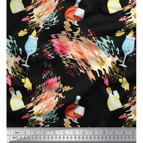 Soimoi Black Cotton Voile Fabric Bottle & Wine Glass Bar Print Fabric by the Yard 42 Inch Wide