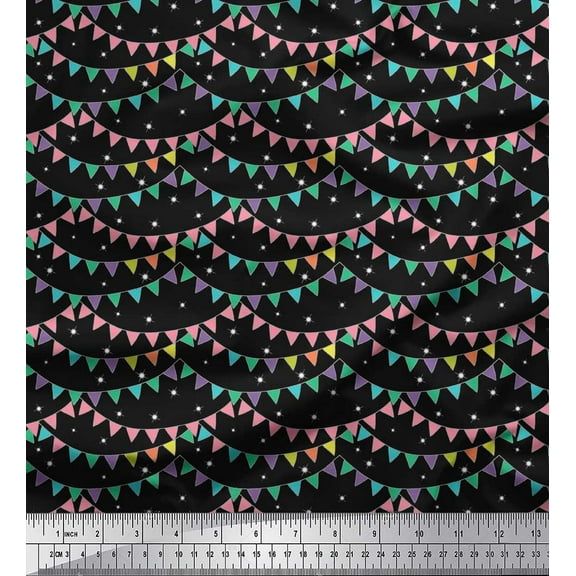 Soimoi Black Cotton Voile Fabric Celebration Flags Party Printed Craft Fabric by the Yard 42 Inch Wide