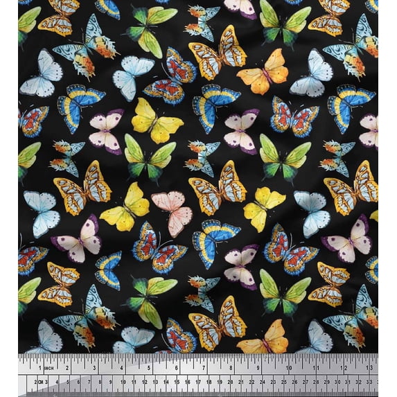 Soimoi Black Cotton Voile Fabric Colorful Butterfly Print Sewing Fabric Yard 42 Inch Wide