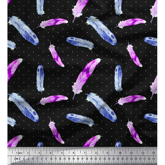 Soimoi Black Cotton Voile Fabric Feathers & Dots Print Sewing Fabric Yard 42 Inch Wide
