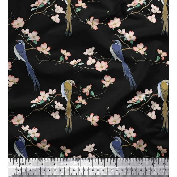 Soimoi Black Cotton Voile Fabric Floral & Paradise Whydah Bird Printed Craft Fabric by the Yard 42 Inch Wide