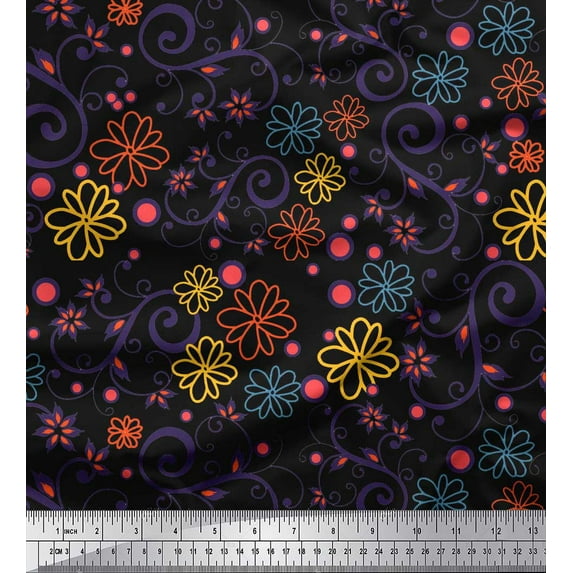 Soimoi Black Cotton Voile Fabric Floral & Scroll Abstract Decor Fabric Printed Yard 42 Inch Wide