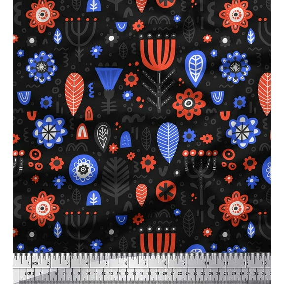 Soimoi Black Cotton Voile Fabric Leaves & Floral Folk Art Decor Fabric Printed Yard 42 Inch Wide
