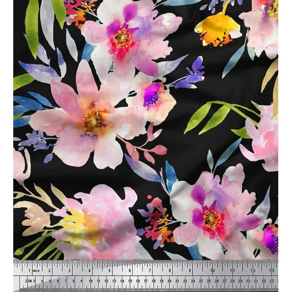 Soimoi Black Cotton Voile Fabric Leaves & Floral Print Fabric by The Yard 56 Inch Wide