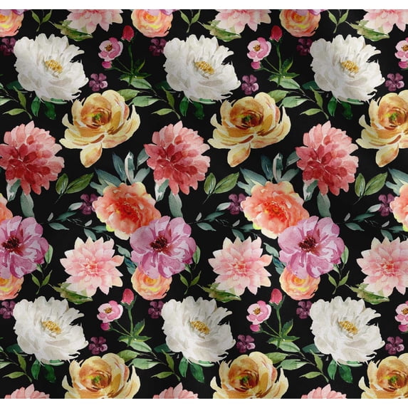 Soimoi Black Cotton Voile Fabric Leaves & Floral Watercolor Print Sewing Fabric BTY 42 Inch Wide
