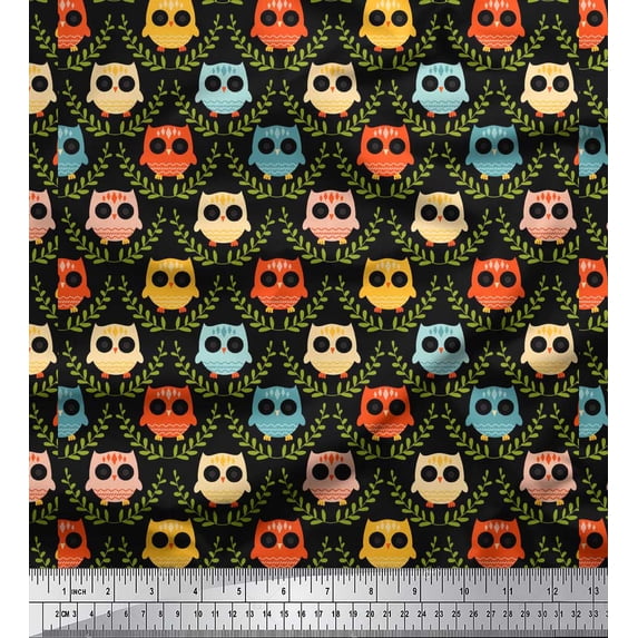 Soimoi Black Cotton Voile Fabric Leaves & Owl Tribal Printed Fabric 1 Yard 42 Inch Wide