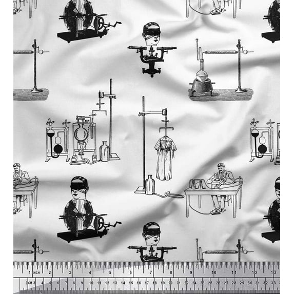 Soimoi Black Cotton Voile Fabric Men & Scientific Lab Equipments Education Theme Decor Fabric Printed Yard 42 Inch Wide