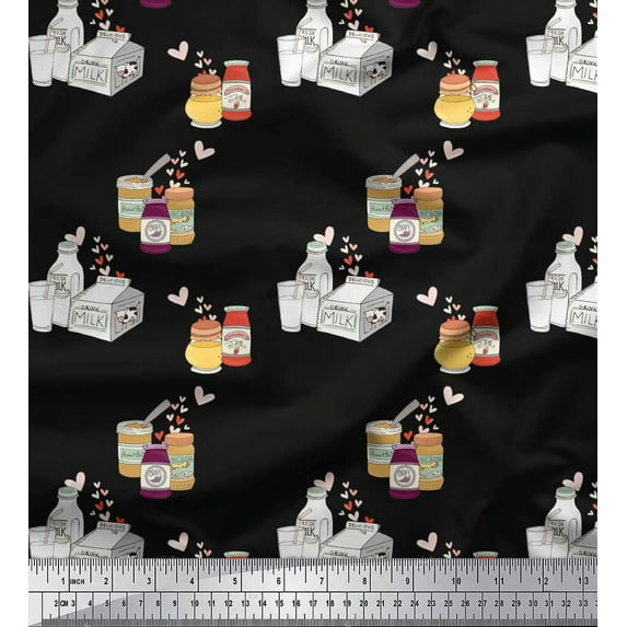 Soimoi Black Cotton Voile Fabric Peanut Butter & Milk Bottle Kitchen Printed Fabric 1 Yard 42 Inch Wide